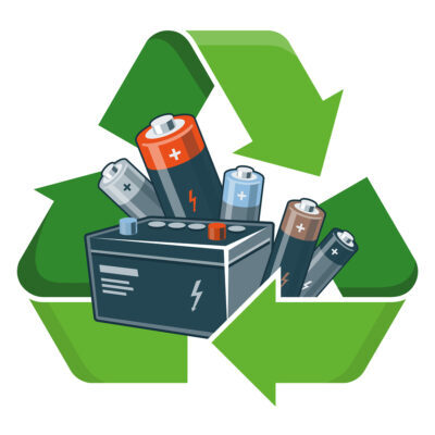 Used batteries with green recycling symbol in cartoon style. Isolated vector illustration on white backround. Waste Electrical and Electronic Equipment - WEEE concept.
